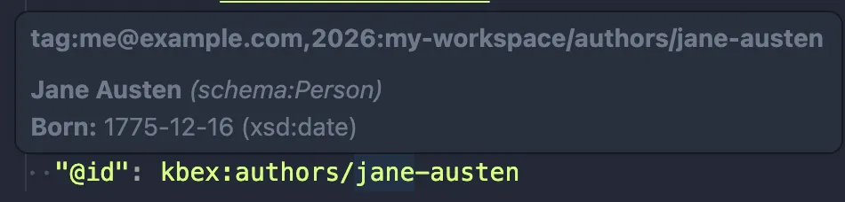 code hover for "jane austin" showing name and birth date