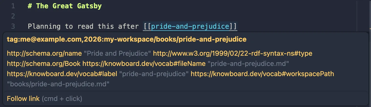 code hover for “pride and prejudice” showing additional properties